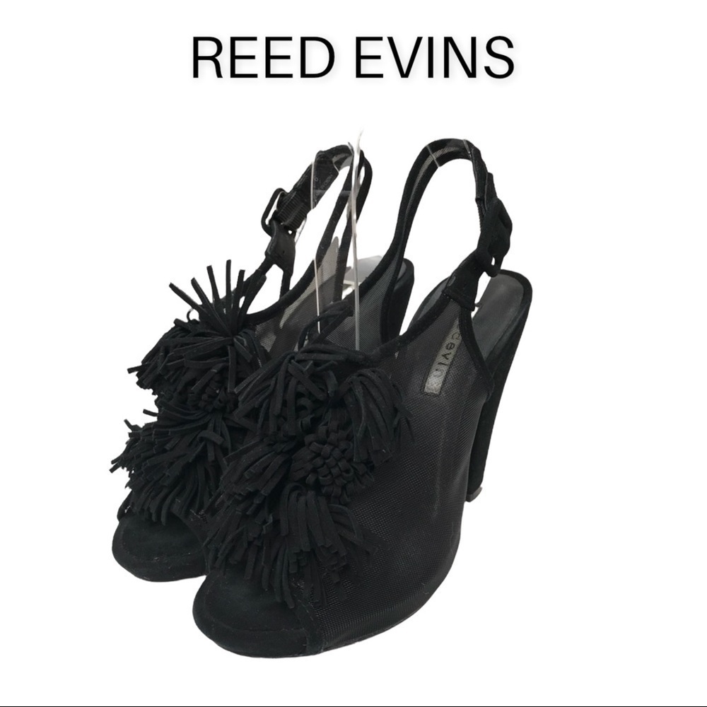 Reed Evins sz 6 black suede fringe Pom Pom heels